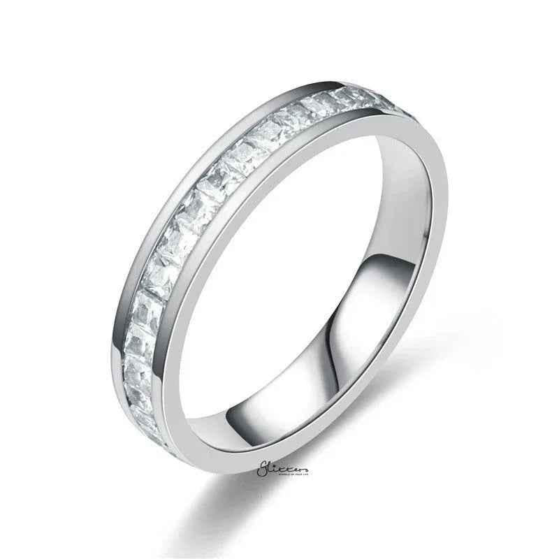 Silver stainless steel square CZ paved band ring by Glitters, featuring a modern geometric design and sparkling gemstone accents.