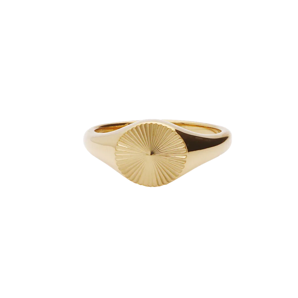 Gold stainless steel sunburst signet ring from Glitters, featuring a detailed sunburst design on a sleek band.
