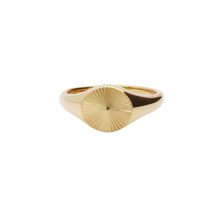 Gold stainless steel sunburst signet ring from Glitters, featuring a detailed sunburst design on a sleek band.