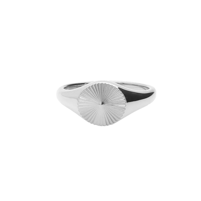 Silver stainless steel Sunburst Signet Ring by Glitters, featuring a detailed sunburst design on a polished band