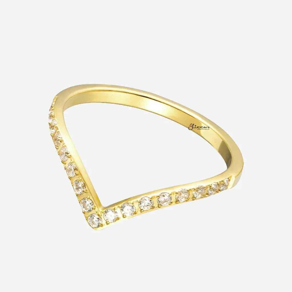 Gold stainless steel V-shaped ring with CZ pave design by Glitters, showcasing a shiny, modern jewelry piece.