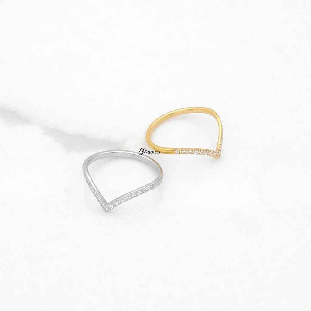 Gold stainless steel V-shape ring with CZ pave design, stylish jewelry piece by Glitters.