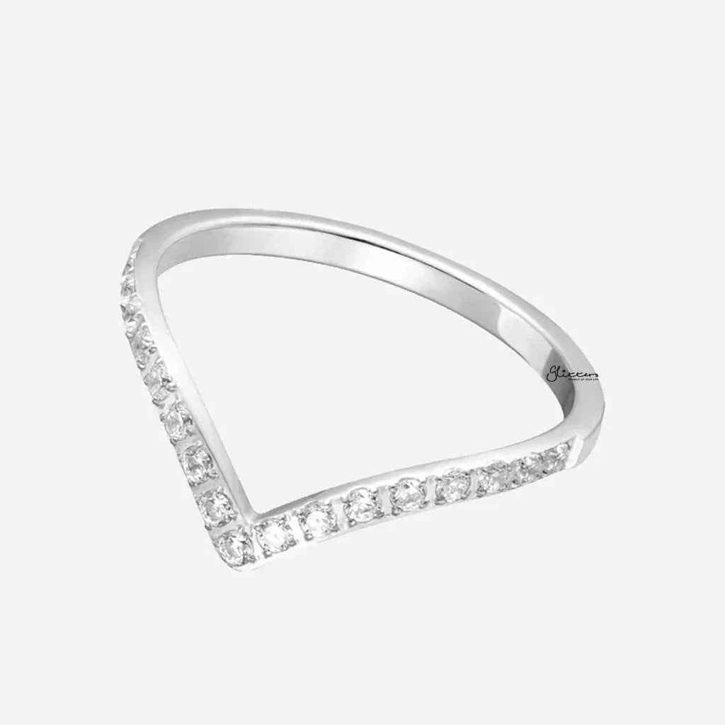 Silver stainless steel V shape ring with CZ pave detailing, stylish and durable jewelry from Glitters.
