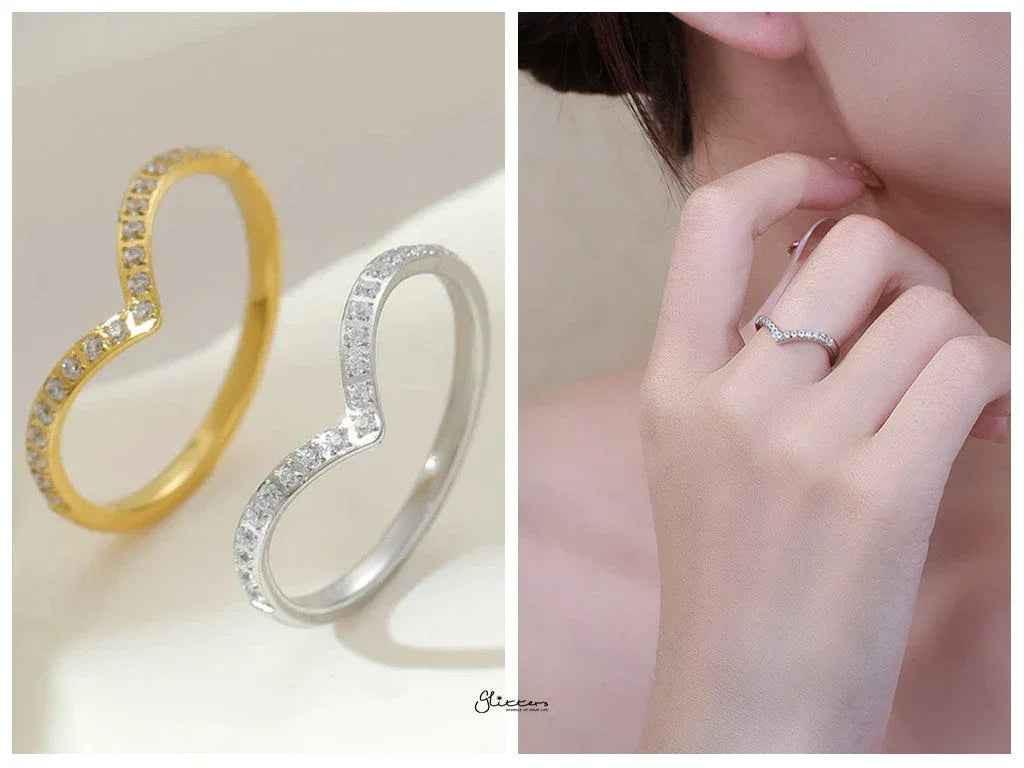 Silver stainless steel V shape ring with CZ pave design, by Glitters, featuring a sleek and modern jewelry style.