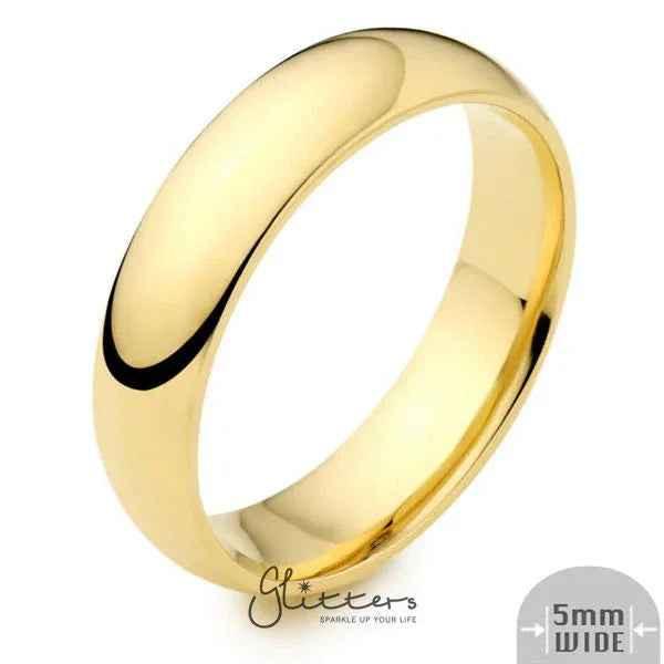 Glitters 18K gold ion plated stainless steel ring, 5mm wide glossy mirror polished plain band, elegant jewelry accessory.