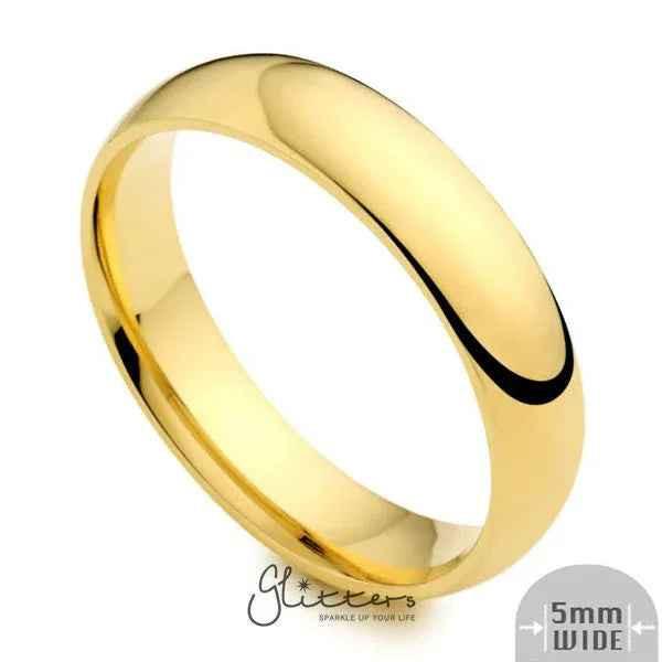 Glitters 18K gold ion plated stainless steel band ring, 5mm wide, glossy mirror finish, plain smooth surface.