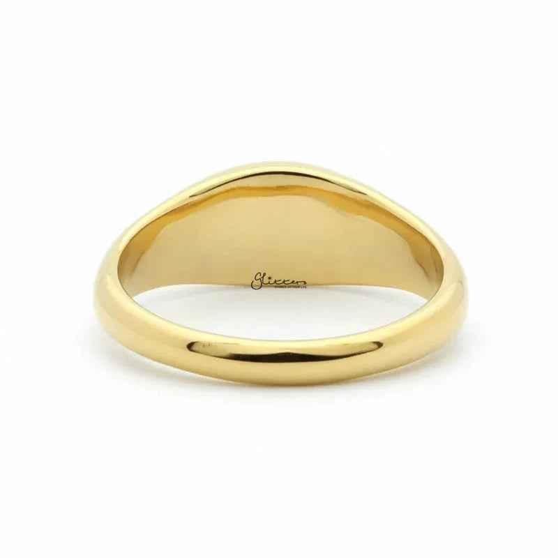 Gold stainless steel oval signet ring by Glitters, showcasing a polished, smooth surface and elegant oval shape.