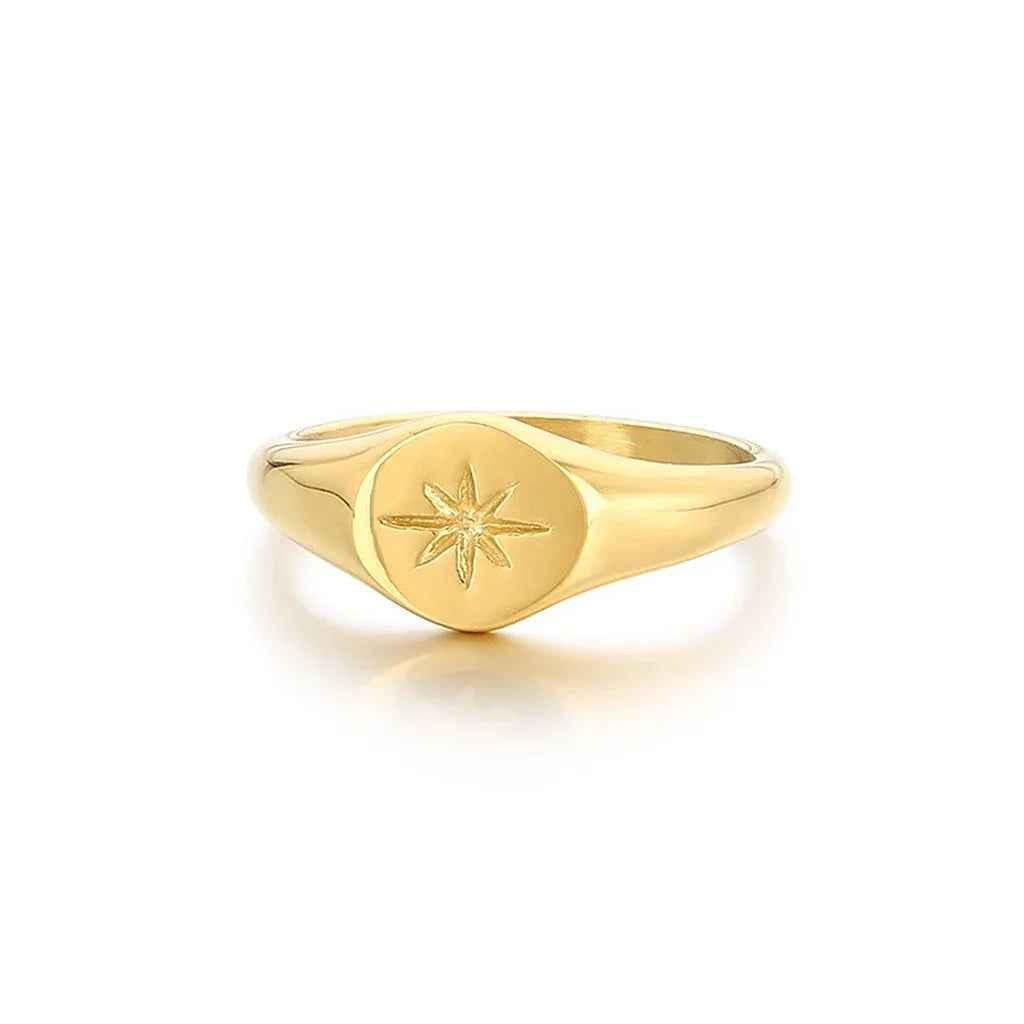 Gold stainless steel oval sunburst signet ring from Glitters with a polished, sleek design and sunburst detailing.