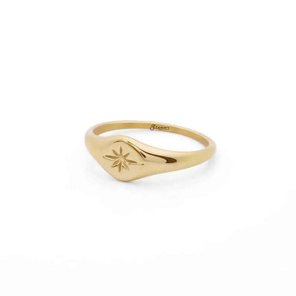 Gold stainless steel oval sunburst signet ring by Glitters, featuring a polished, intricate sunburst design on a sleek band.