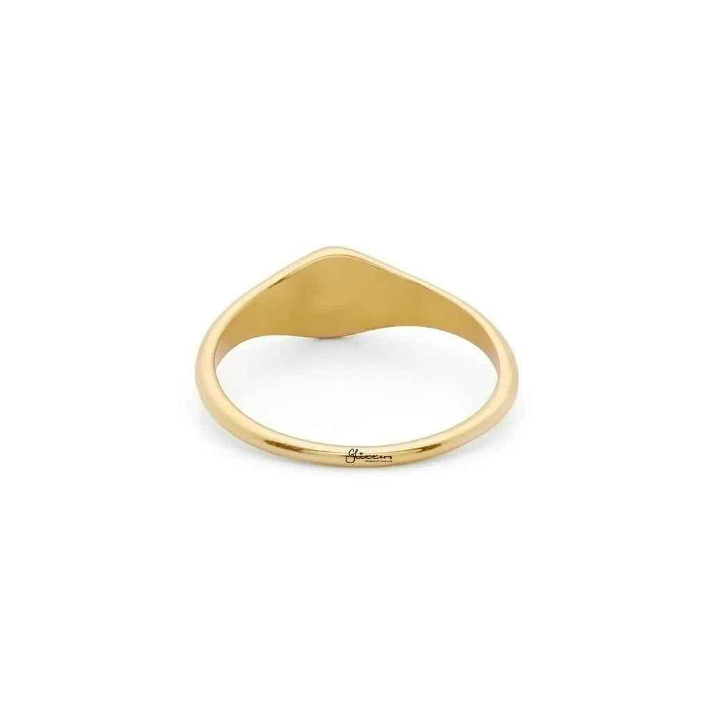Gold stainless steel oval sunburst signet ring with engraved design, stylish and durable jewelry from Glitters.