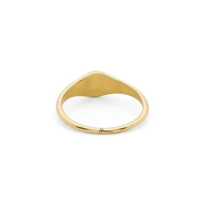 Gold stainless steel oval sunburst signet ring with engraved design, stylish and durable jewelry from Glitters.