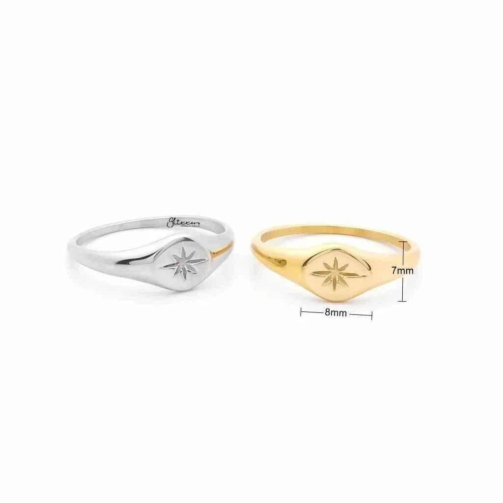 Gold stainless steel oval sunburst signet ring with intricate sunburst design, crafted by Glitters.