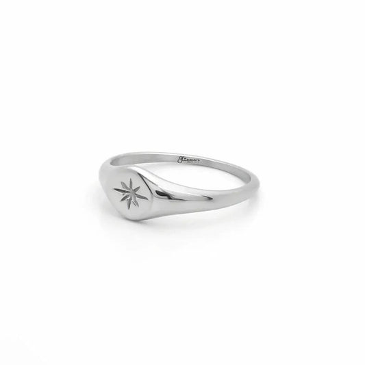 Silver stainless steel oval sunburst signet ring from Glitters, featuring a polished, decorative design on a durable band.