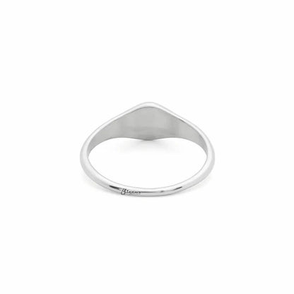 Stainless steel oval sunburst signet ring in silver, designed by Glitters, showing a polished, detailed sunburst pattern on the ring's surface.