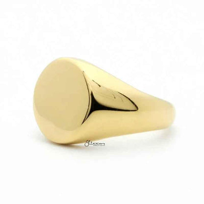 Gold stainless steel round signet ring from Glitters, featuring a polished and sleek design on a white background.