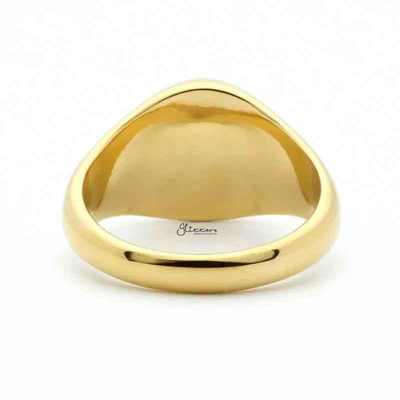 Gold stainless steel round signet ring by Glitters, featuring a smooth polished surface and bold circular design.