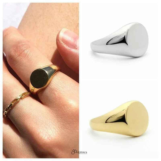 Silver stainless steel round signet ring by Glitters, showcasing a sleek polished design and bold circular face.