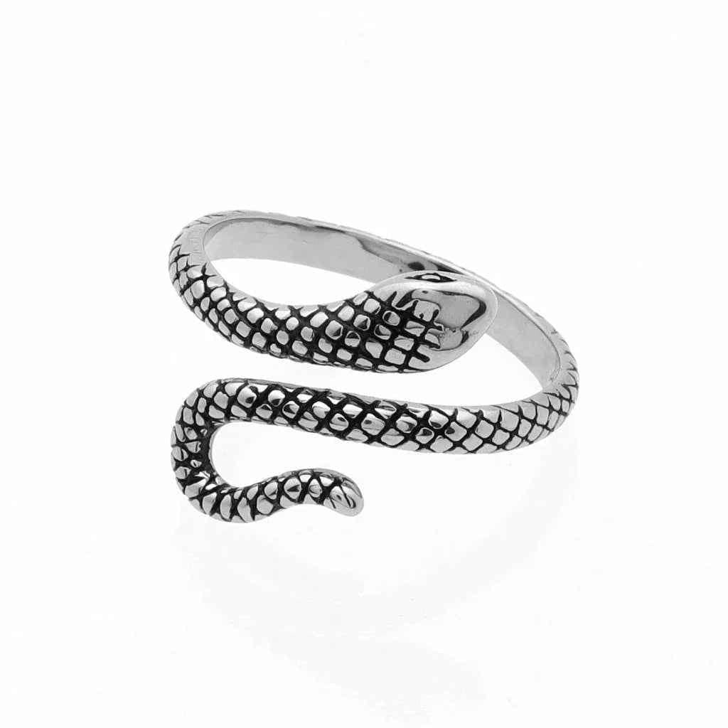 Stainless steel snake ring by Glitters featuring a sleek, detailed snake design on a polished metal band.