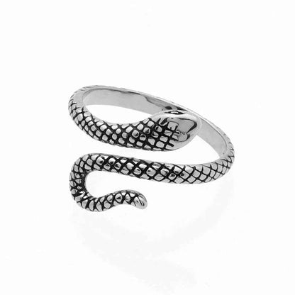 Stainless steel snake ring by Glitters featuring a sleek, detailed snake design on a polished metal band.