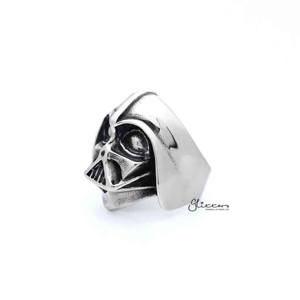 Men's stainless steel Darth Vader casting rings by Glitters, featuring detailed Star Wars-inspired design on a sleek metal band.