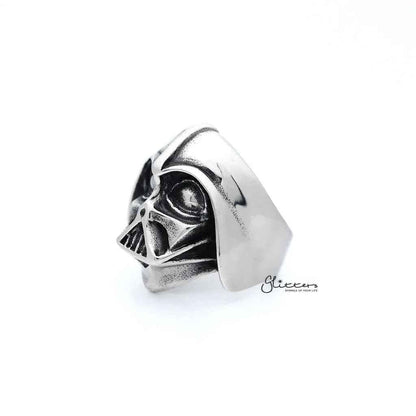 Men's stainless steel Darth Vader casting rings by Glitters, featuring detailed Star Wars-inspired design on a sleek metal band.