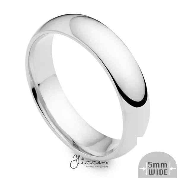 Glossy mirror polished stainless steel plain band ring, 5mm wide, from Glitters, showcasing a sleek, reflective finish.