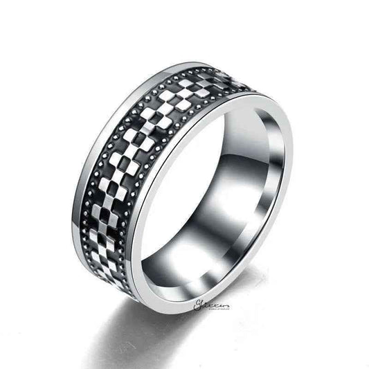 Stainless steel checkerboard band ring by Glitters, featuring a sleek, polished finish and geometric checkerboard pattern.