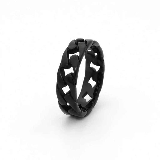 Black stainless steel Cuban curb chain link ring by Glitters, featuring a bold, textured chain design for a modern accessory look.