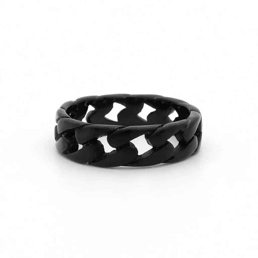 Black stainless steel Cuban curb chain link ring by Glitters, showcasing a bold, durable design with a polished finish.
