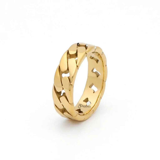 Gold stainless steel Cuban curb chain link ring by Glitters, showcasing a textured chain design and polished finish.