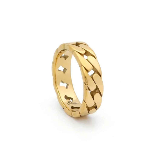 Gold stainless steel Cuban curb chain link ring by Glitters, featuring a thick, interconnected chain design.