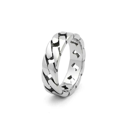 Silver stainless steel Cuban curb chain link ring from Glitters, featuring a bold and durable chain design.