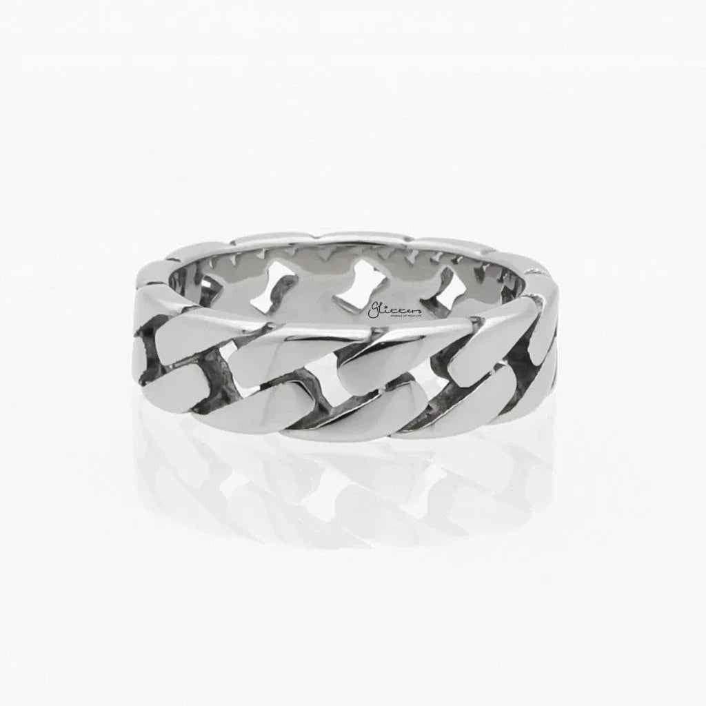 Silver stainless steel Cuban curb chain link ring by Glitters, featuring a bold, textured chain design for a modern accessory look.