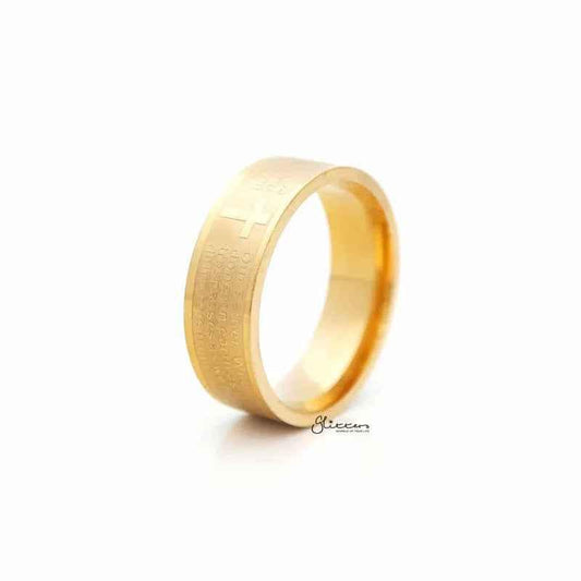 Golden stainless steel Our Father prayer band ring by Glitters, featuring engraved religious design.