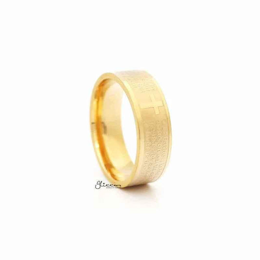 Gold stainless steel Our Father prayer band ring by Glitters, featuring engraved religious design on a sleek ring.