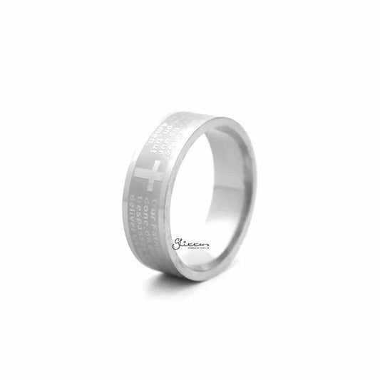 Silver stainless steel Our Father prayer band ring by Glitters, featuring engraved prayer design for spiritual significance.