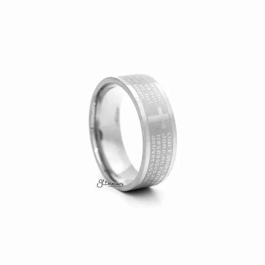 Stainless steel Our Father prayer band ring in silver by Glitters, featuring engraved religious inscription on a smooth band.