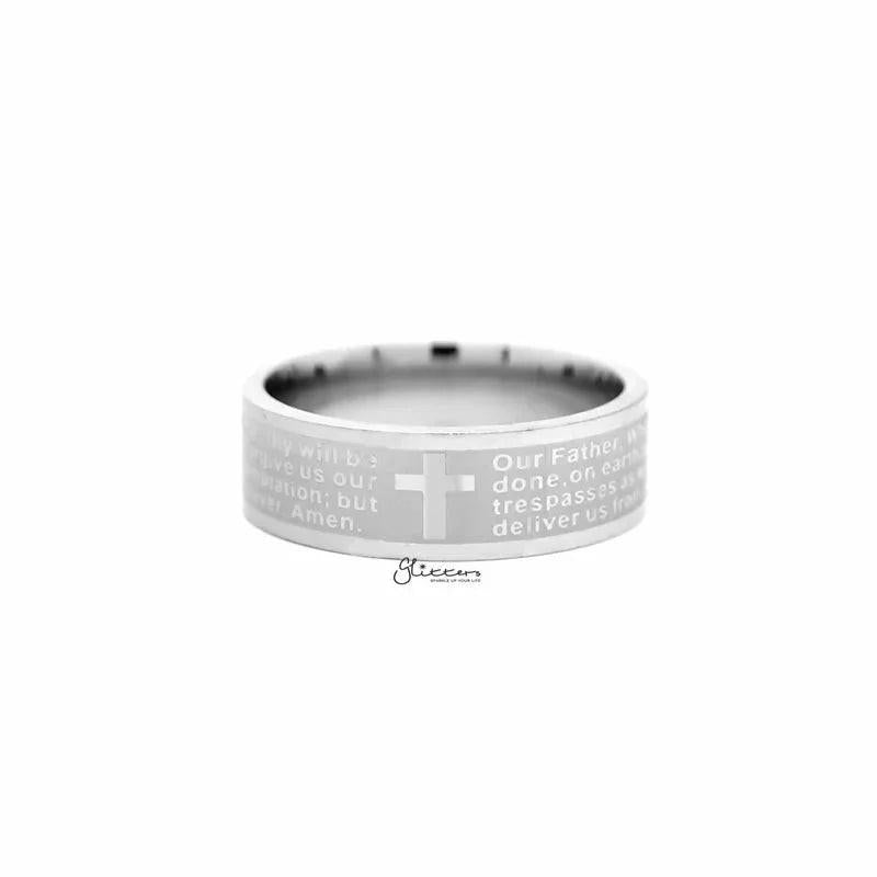 Silver stainless steel Our Father prayer band ring by Glitters, featuring engraved religious design and smooth finish.