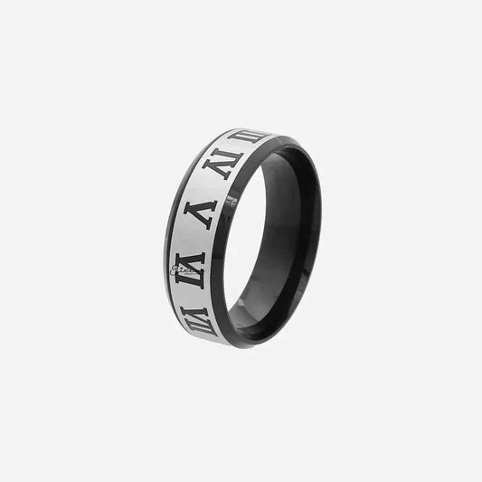 Black stainless steel Roman numeral ring from Glitters, featuring sleek, polished design with engraved Roman numerals.