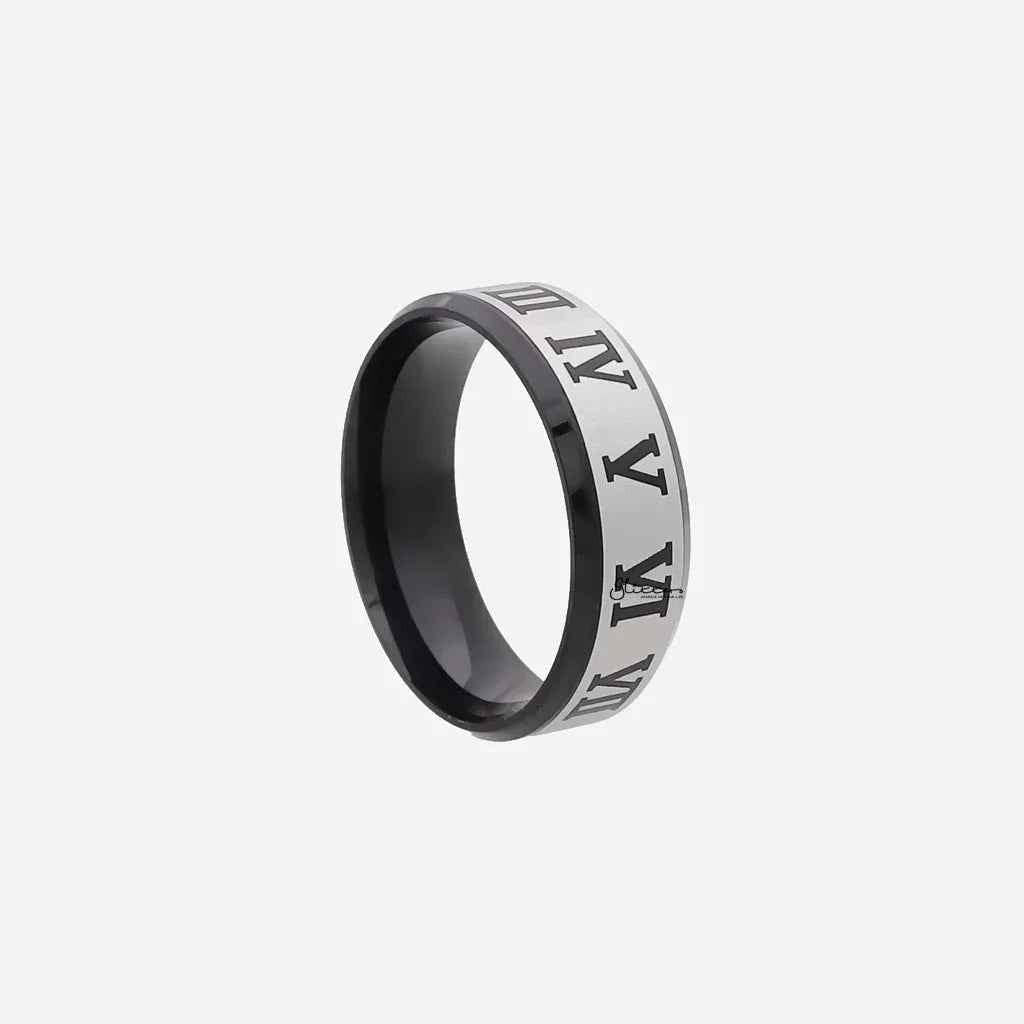Black stainless steel Roman numeral ring by Glitters, featuring sleek design and engraved numerals on a smooth band.