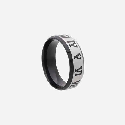 Black stainless steel Roman numeral ring by Glitters, featuring sleek design and engraved numerals on a smooth band.