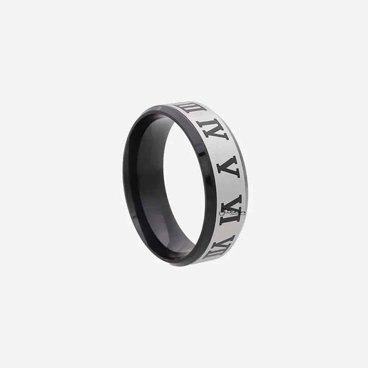 Black stainless steel Roman numeral ring by Glitters, featuring sleek design and engraved numerals on a smooth band.