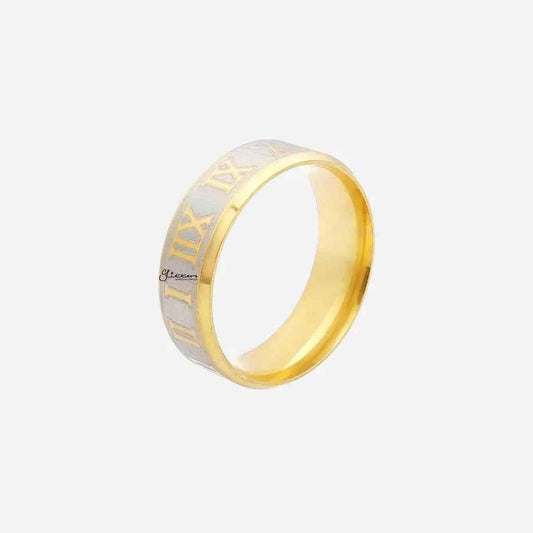 Gold stainless steel Roman numeral ring by Glitters, showcasing a sleek design and engraved Roman numerals on a shiny band.