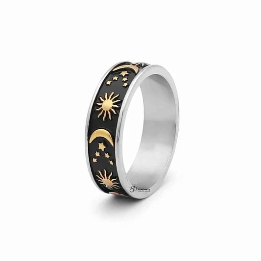 Gold stainless steel Sun Moon Stars ring by Glitters featuring sun, moon, and star design on shiny band.