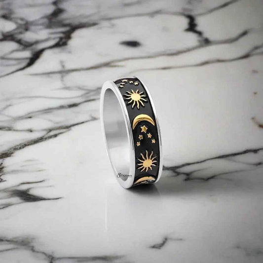 Gold stainless steel Sun Moon Stars ring by Glitters featuring celestial designs and polished finish.