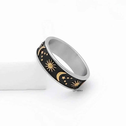 Gold stainless steel Sun Moon Stars ring by Glitters featuring celestial designs on a sleek band.
