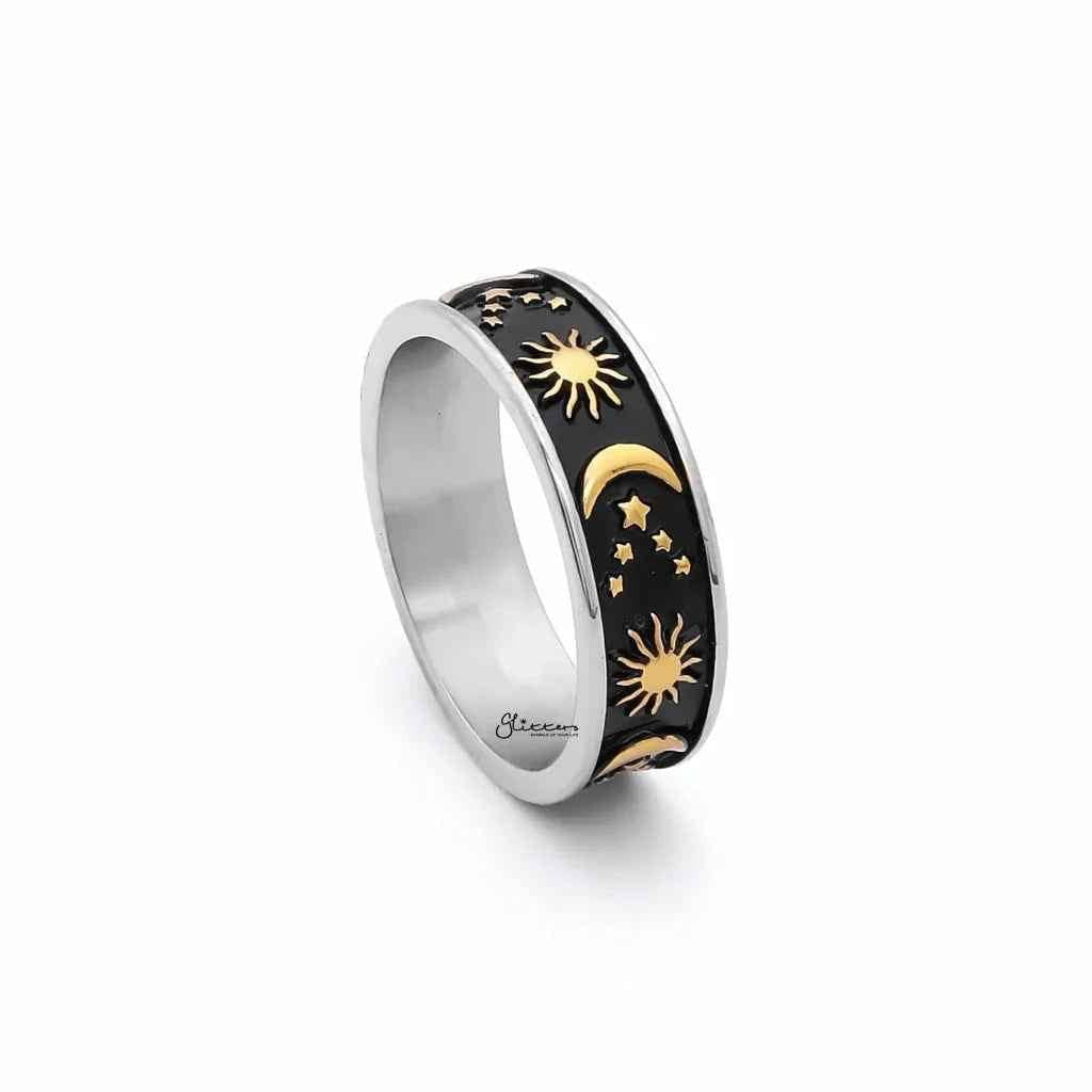 Gold stainless steel Sun Moon Stars ring by Glitters featuring celestial designs on a sleek band.