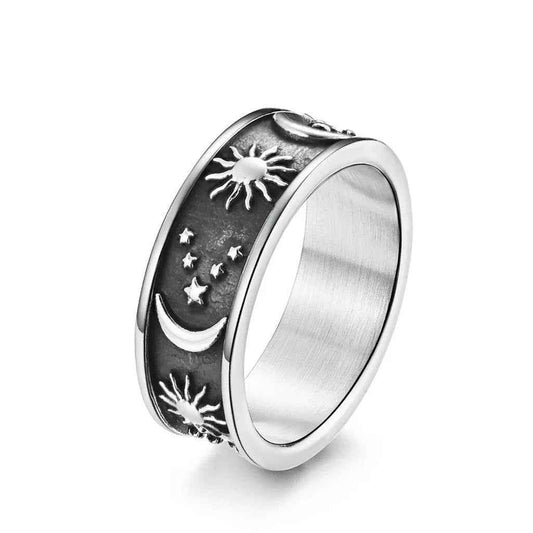 Silver stainless steel Sun Moon Stars ring by Glitters featuring celestial design with sun, moon, and star motifs.