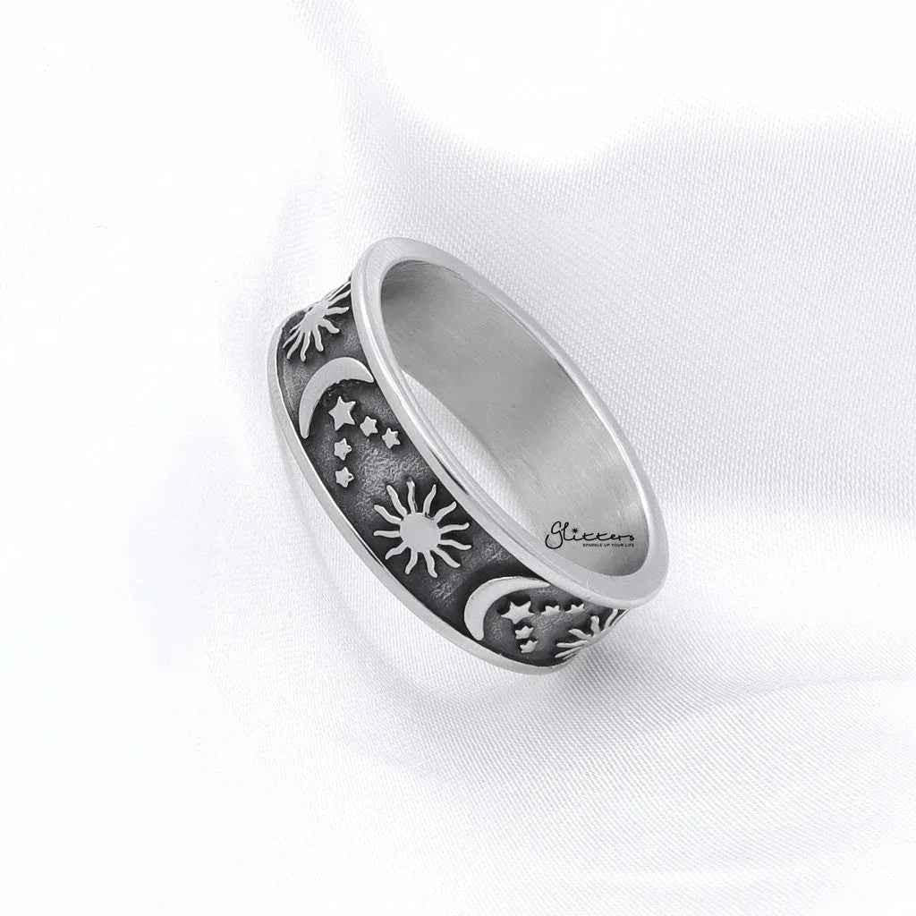 Silver stainless steel Sun Moon Stars ring by Glitters, featuring celestial design with sun, moon, and star motifs.