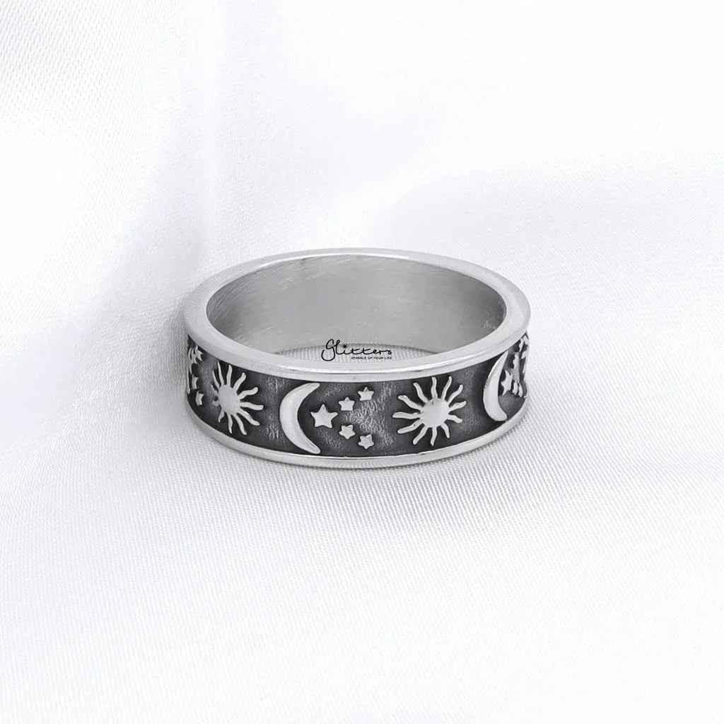 Silver stainless steel Sun Moon Stars ring by Glitters, featuring celestial design with sun, moon, and star motifs.